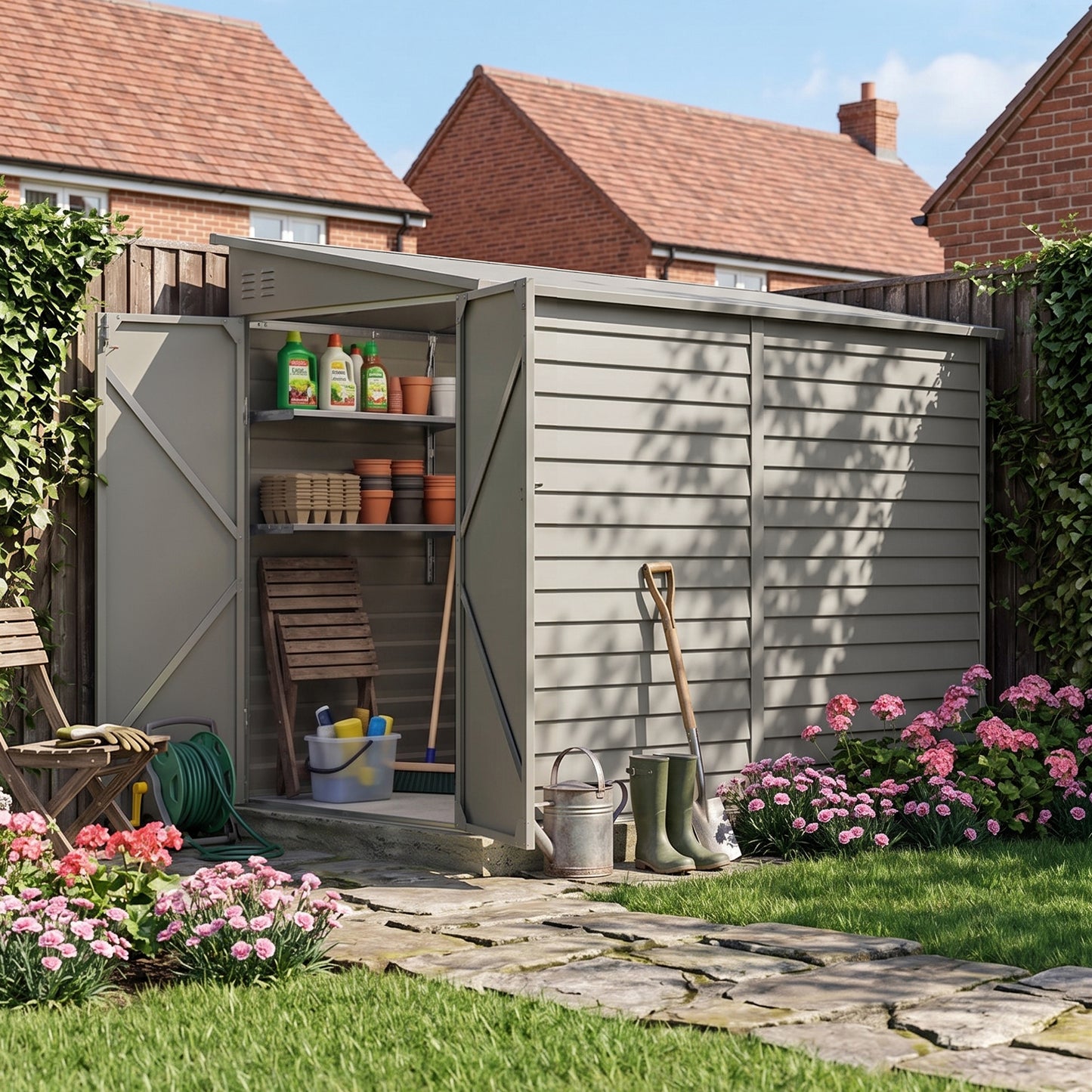 4.6 x 9FT Metal Pent Roof Garden Tool Storage Shed With Double Doors And Hooks