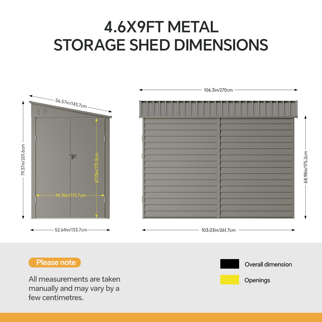 4.6 x 9FT Metal Pent Roof Garden Tool Storage Shed With Double Doors And Hooks