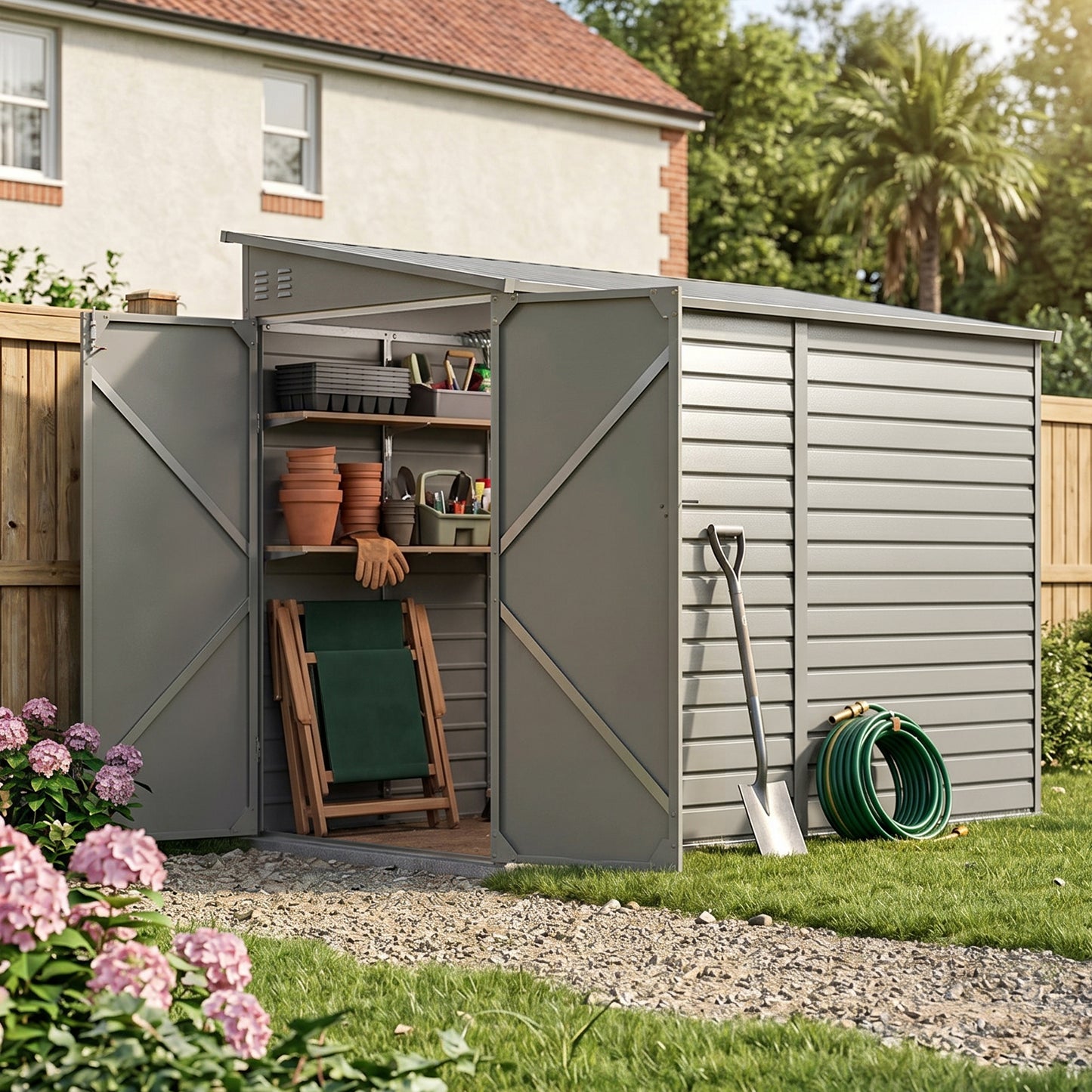 4.6 x 9FT Metal Pent Roof Garden Tool Storage Shed With Double Doors And Hooks