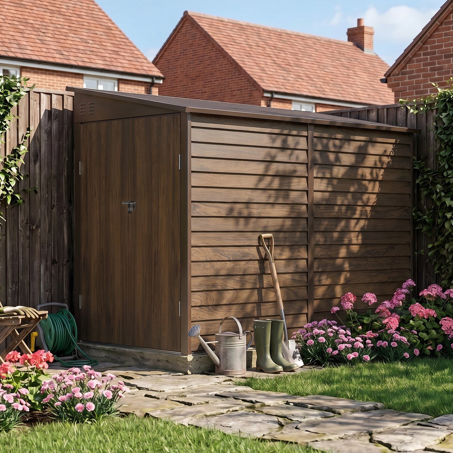 4.6 x 9FT Metal Pent Roof Garden Tool Storage Shed With Double Doors And Hooks