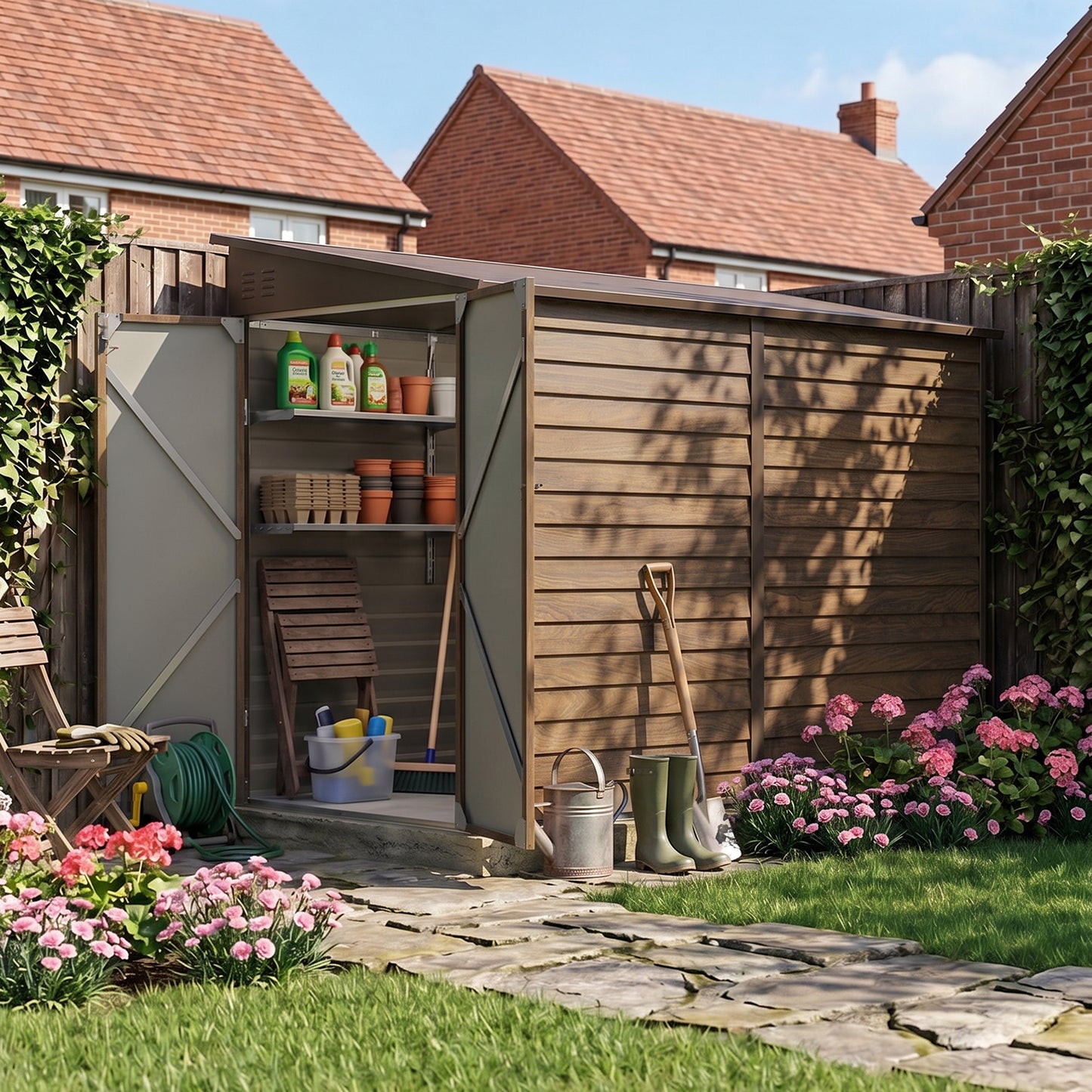 4.6 x 9FT Metal Pent Roof Garden Tool Storage Shed With Double Doors And Hooks