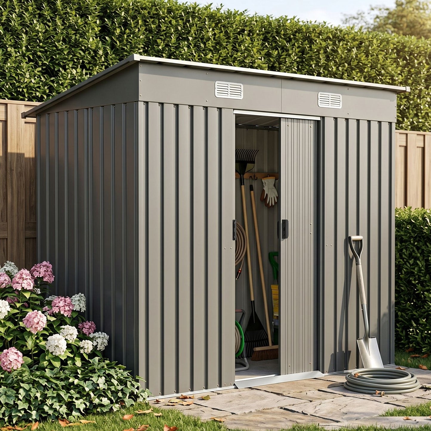 4x8FT Metal Wood Grain/Grey Aluminium Outdoor Garden Tool Storage Shed with Lockable Doors