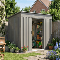 4x8FT Metal Wood Grain/Grey Aluminium Outdoor Garden Tool Storage Shed with Lockable Doors