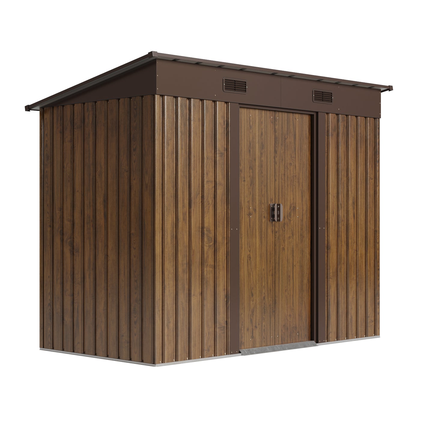 4 x 8FT Metal Wood Grain Outdoor Garden Tool Storage Shed with Lockable Doors
