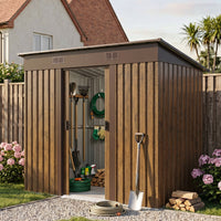 4 x 8FT Metal Wood Grain Outdoor Garden Tool Storage Shed with Lockable Doors