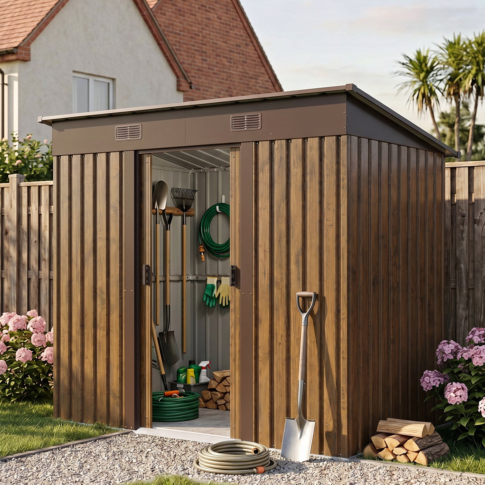 4x8FT Metal Wood Grain Outdoor Garden Tool Storage Shed with Lockable Doors
