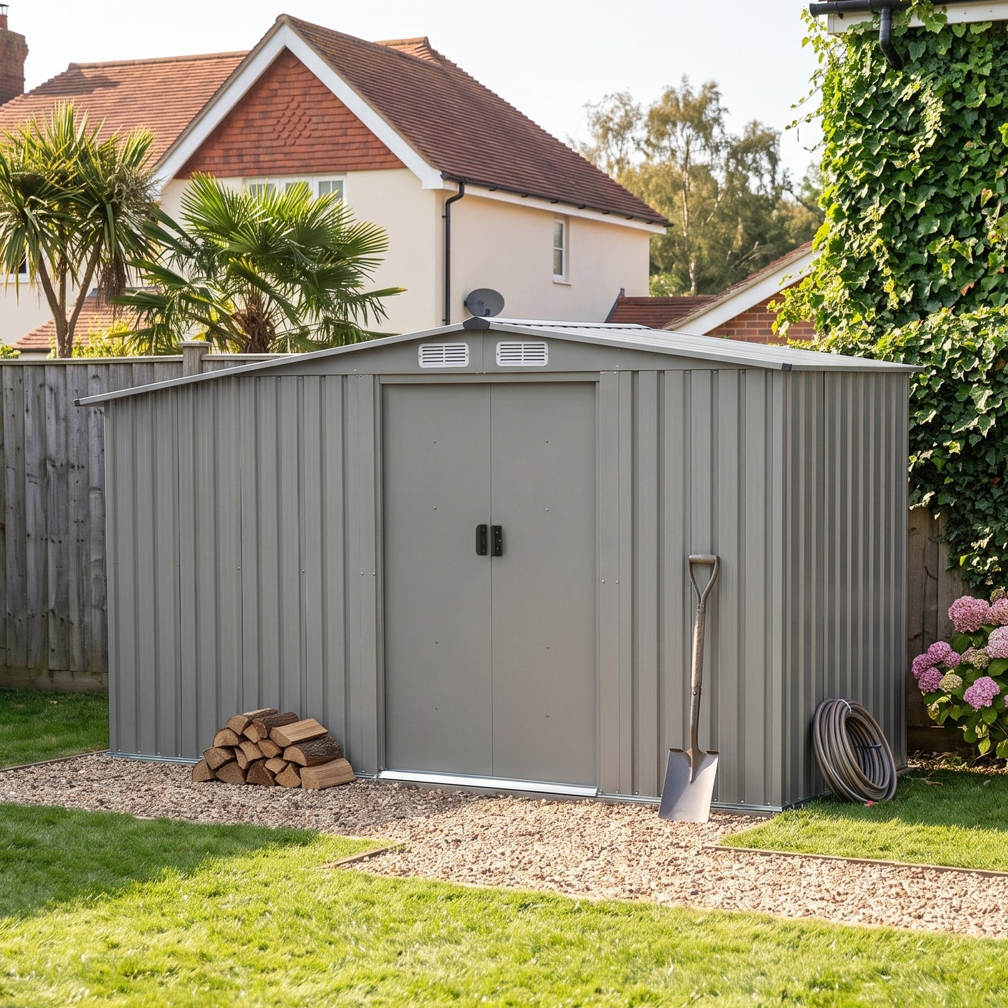 4x8FT Outdoor Metal Garden Tool Storage Shed with Log Storage