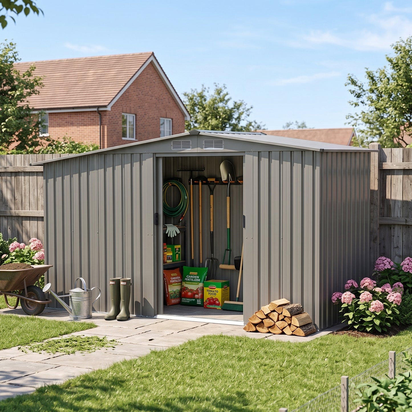 4x8FT Outdoor Metal Garden Tool Storage Shed with Log Storage