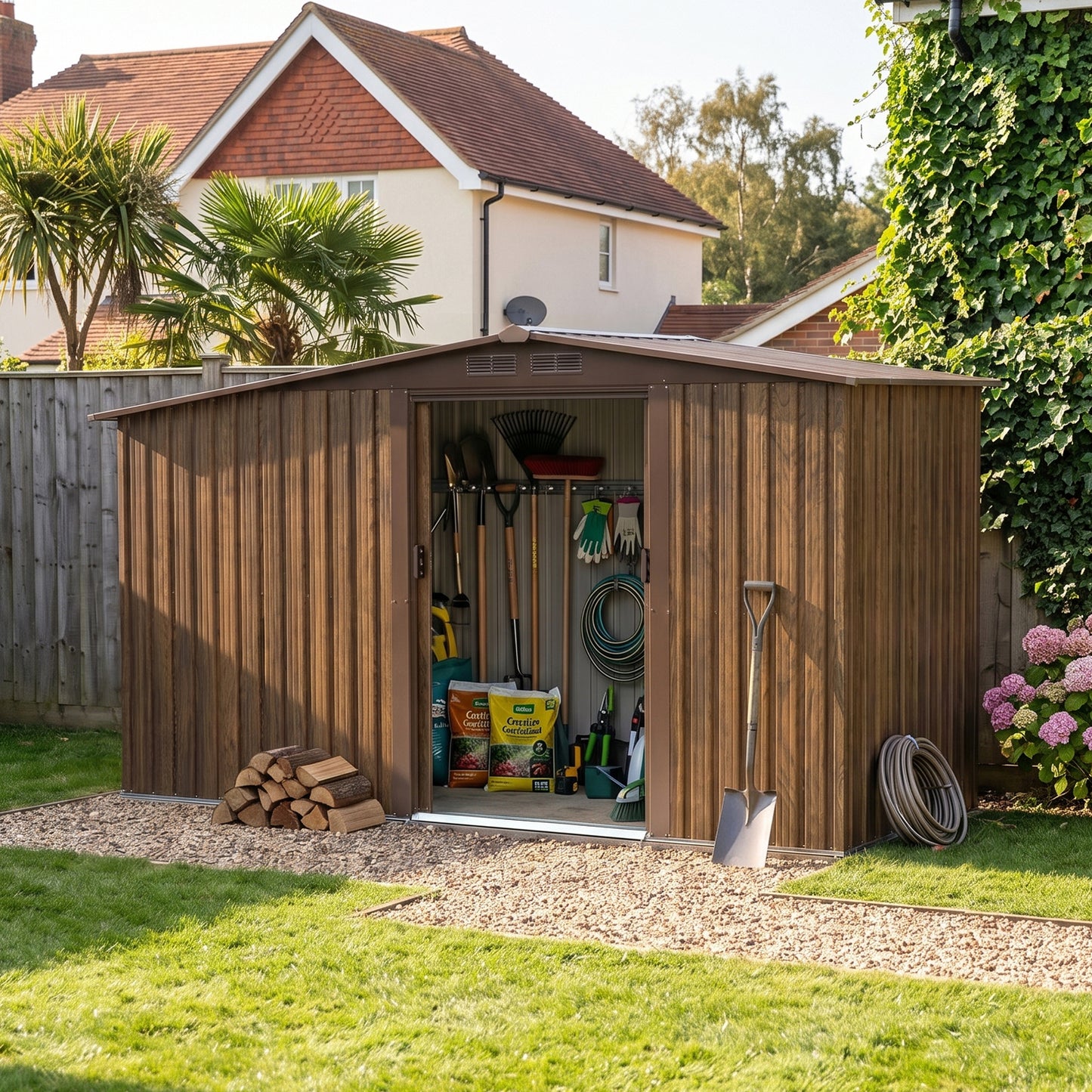 4x8FT Outdoor Metal Garden Tool Storage Shed with Log Storage