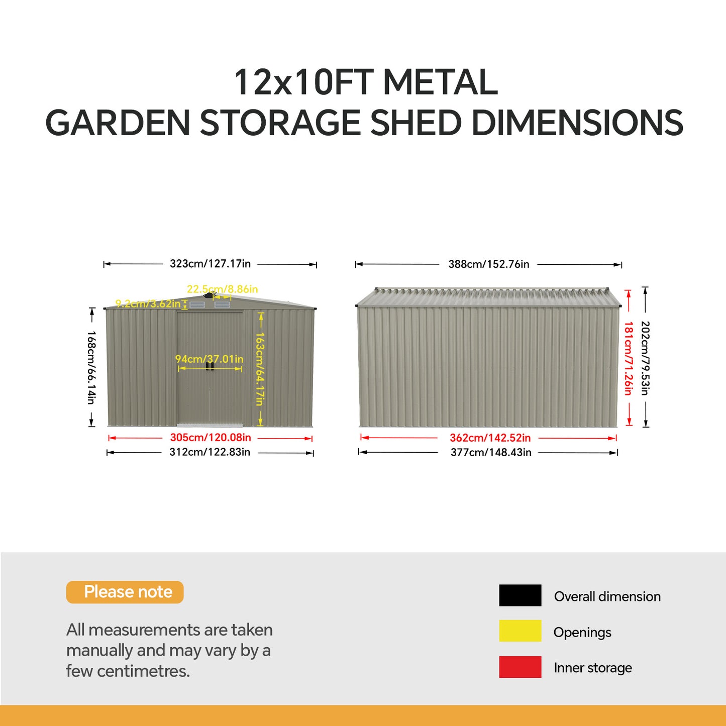 12x10FT Metal Garden Outdoor Storage Tool Shed with Double Sliding Doors