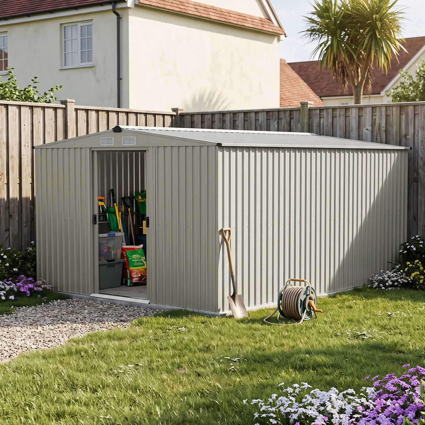 12x10FT Metal Garden Outdoor Storage Tool Shed with Double Sliding Doors