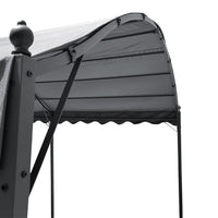 Side View Close-up of Dark Grey Pergola Frame and Retractable Shade - Aluminum and Steel Build