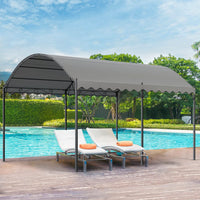 Dark Grey Metal Arched Pergola with Shade Installed on Backyard Deck - Stylish Outdoor Living