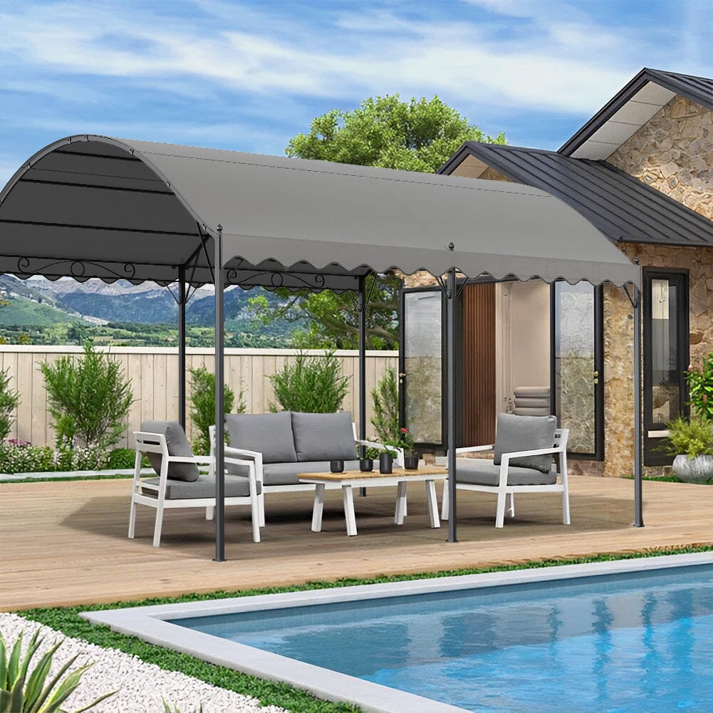 102x118 inch Dark Grey Outdoor Arched Metal Pergola with Retractable Shade - Front View