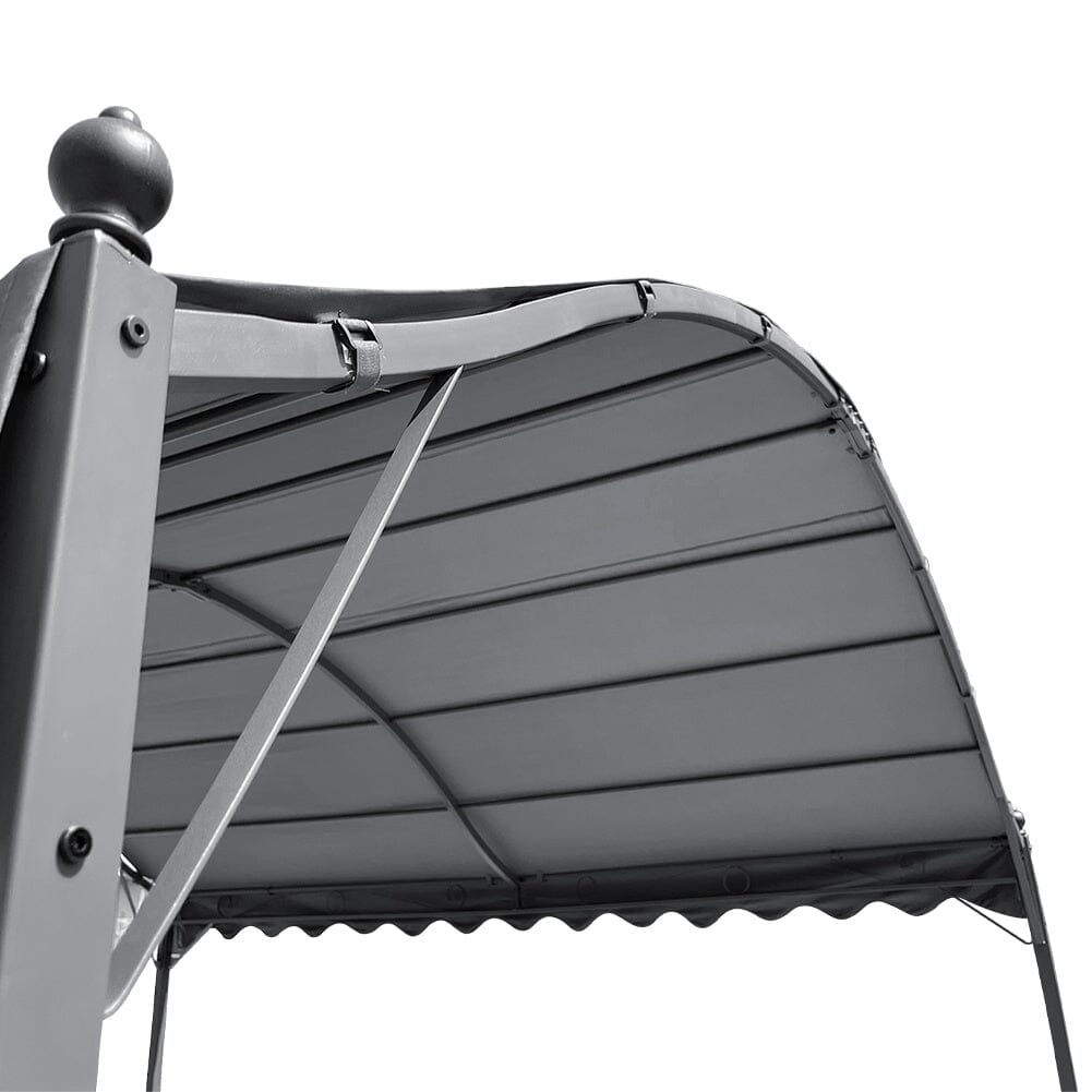 close-up of corner connection and canopy rail of outdoor metal pergola for patio use