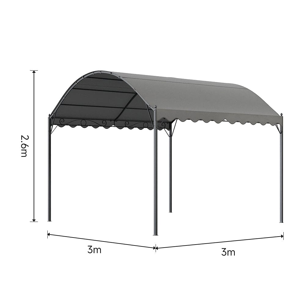 dimension diagram of 102x118 inch dark grey metal arched pergola with labeled measurements