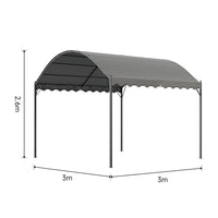 dimension diagram of 102x118 inch dark grey metal arched pergola with labeled measurements