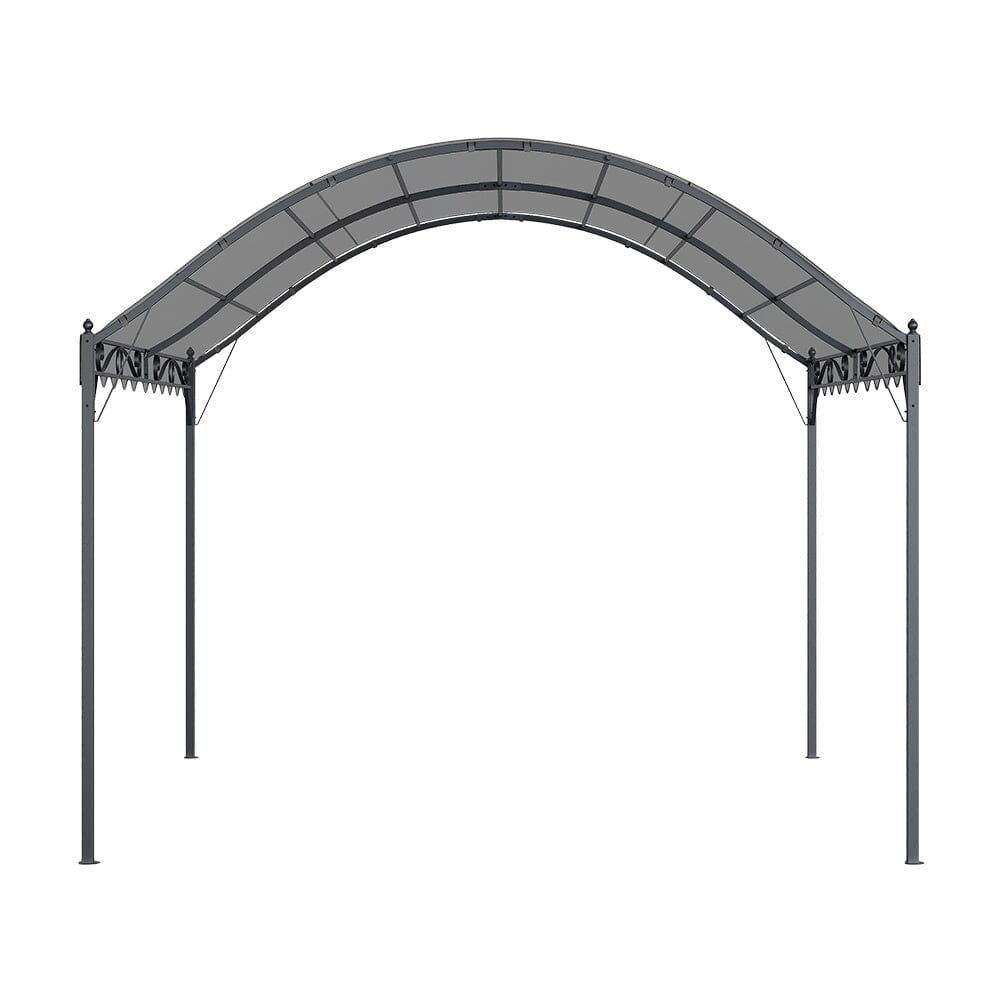 side view of dark grey 102x118 inch outdoor metal arched pergola with retractable canopy on white background