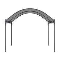 side view of dark grey 102x118 inch outdoor metal arched pergola with retractable canopy on white background