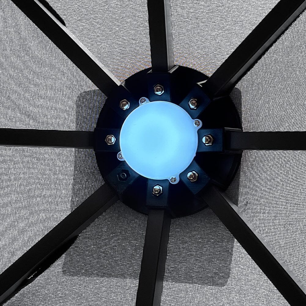 LED ceiling light detail of dark grey metal gazebo - built-in lighting for nighttime use