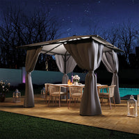 dark grey metal garden gazebo with lights in backyard - stylish patio shelter for dining and lounging