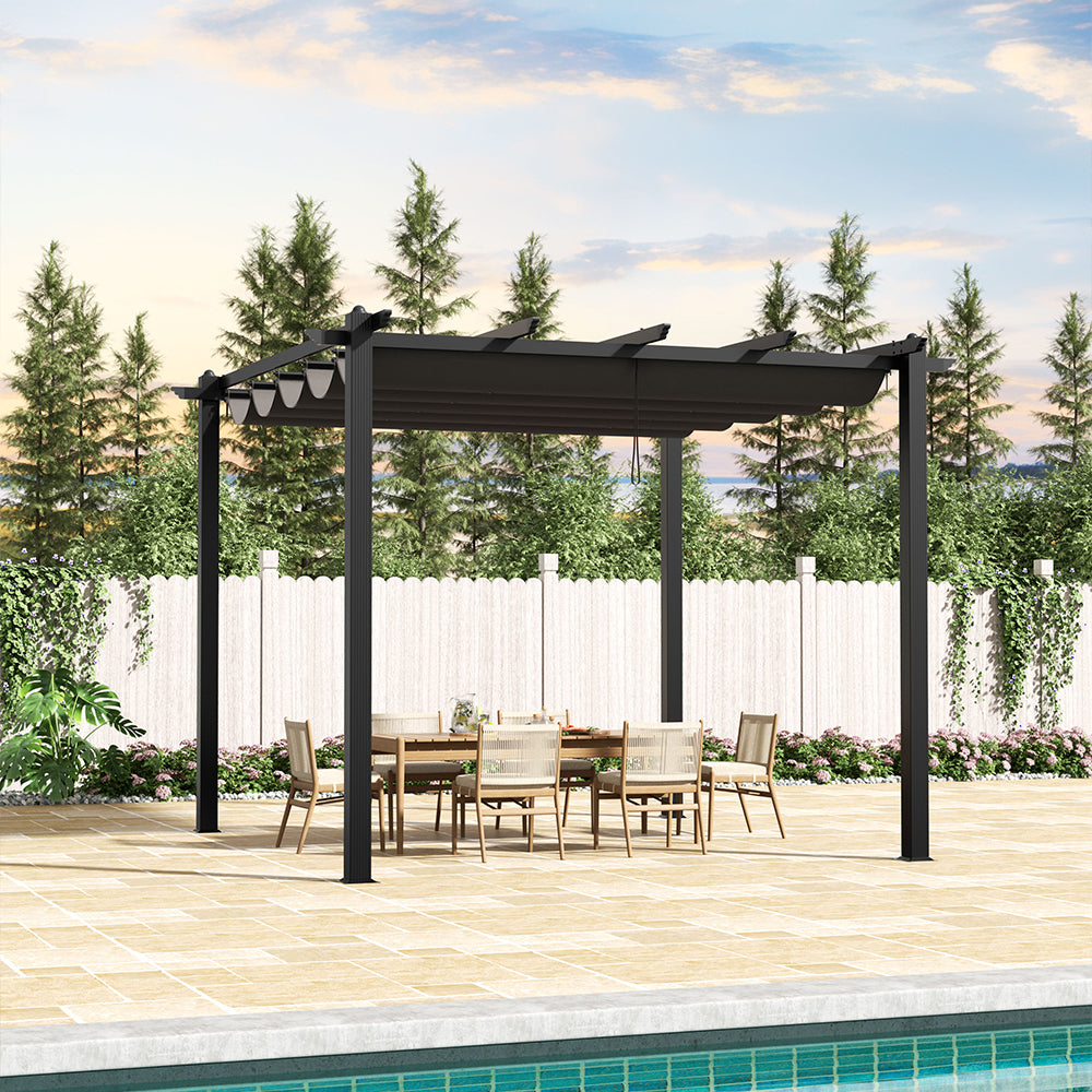 Modern Dark Grey Aluminum Pergola Providing Shade on Backyard Deck with Outdoor Furniture