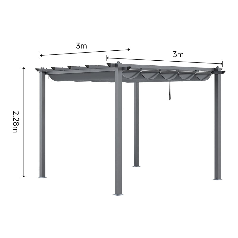 Dimensions Diagram – Dark Grey Aluminum Square Pergola with Retractable Canopy (Length × Width × Height)