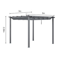 Dimensions Diagram – Dark Grey Aluminum Square Pergola with Retractable Canopy (Length × Width × Height)