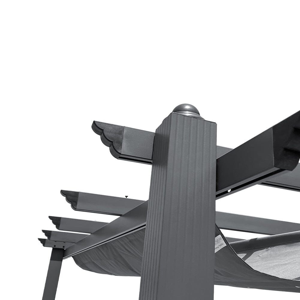Close-Up of Corner Detail – Aluminum Frame and Canopy Rail of Square Retractable Pergola