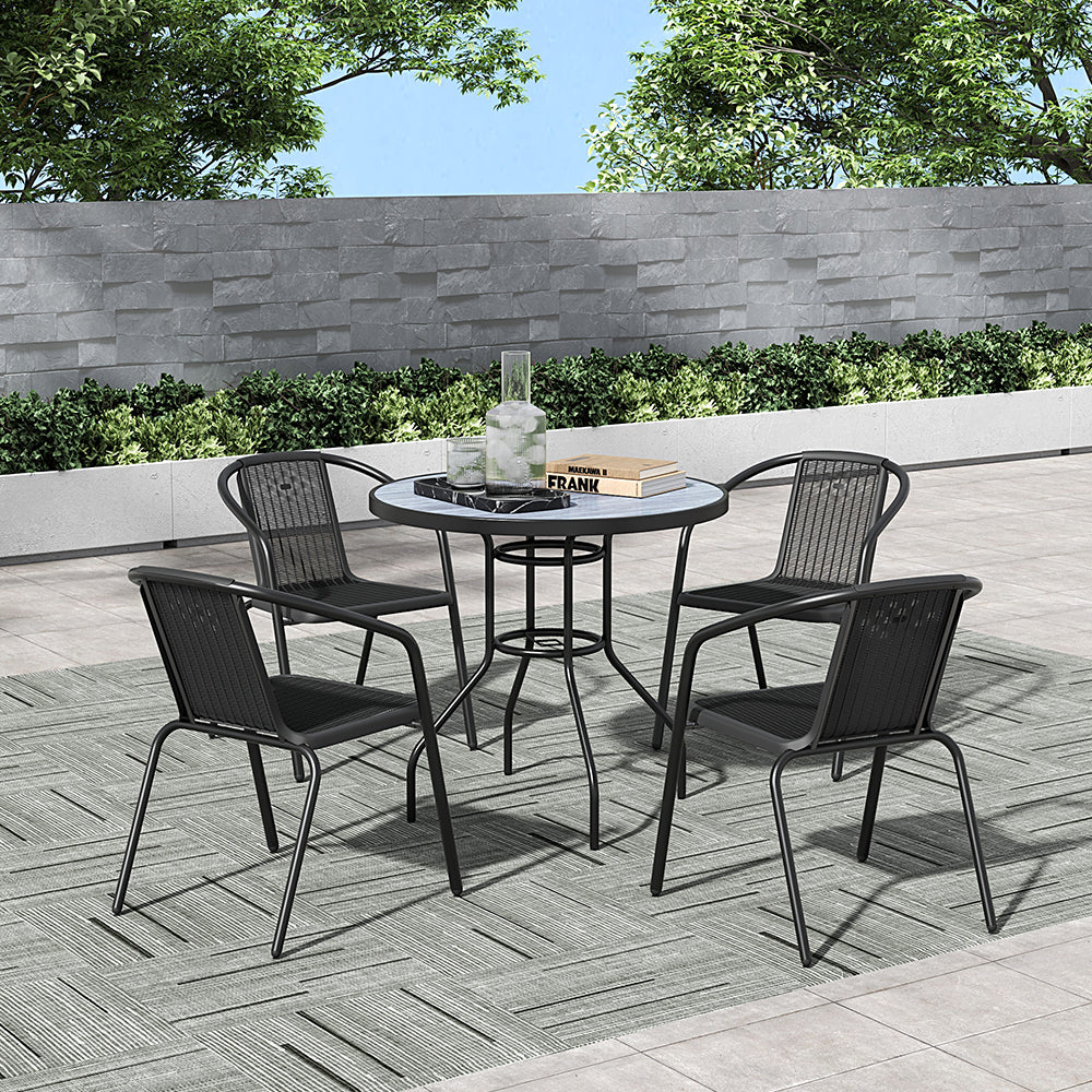 82 cm black round tempered glass patio table on balcony with chairs – stylish outdoor setup