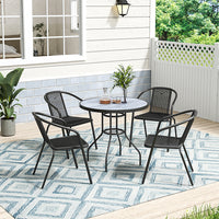 Black round patio table with tempered glass top and wood grain finish, 82 cm diameter – garden furniture