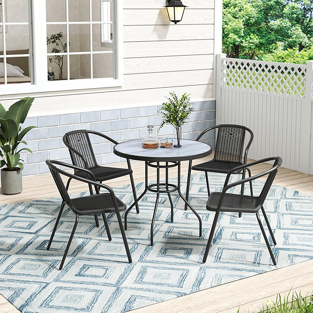 Black round patio table with tempered glass top and wood grain finish, 82 cm diameter – garden furniture