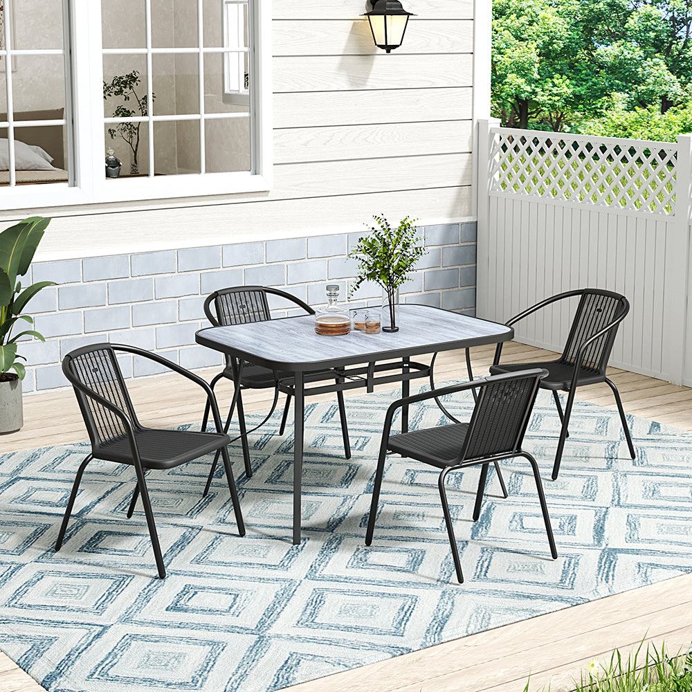 Black rectangular patio table with tempered glass wood grain top, 122 x 82 cm – elegant garden table