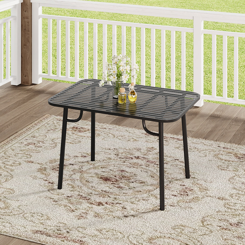 Rectangular 120cm Black Wrought Iron Patio Table – Elegant Garden Dining Scene