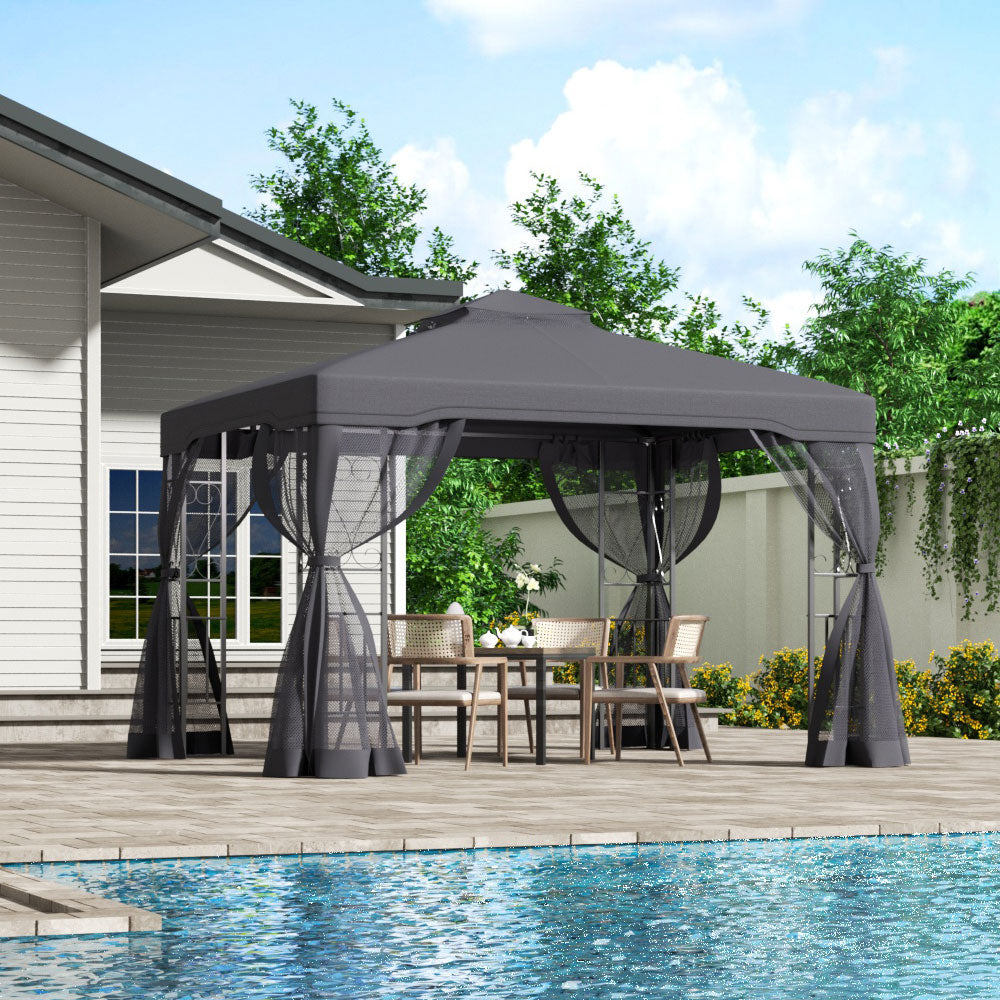 Garden Gazebo with Dark Grey Canopy in Backyard Setup – Ideal for Outdoor Gatherings