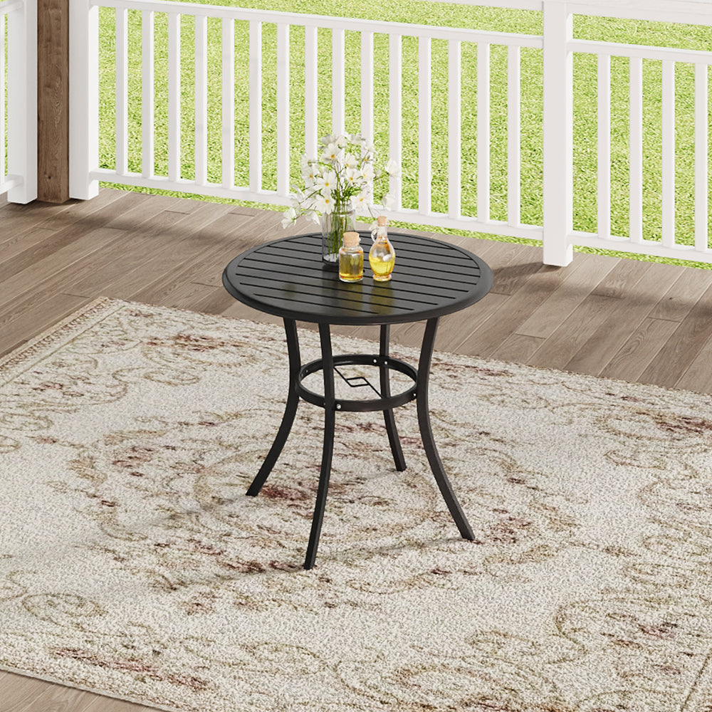 80cm black metal bistro table placed on a deck with greenery – modern garden setup