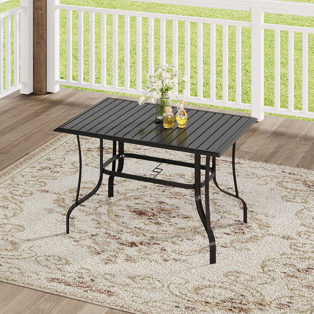120x80cm Black Slatted Metal Garden Table in Patio Setting – 4-Person Table