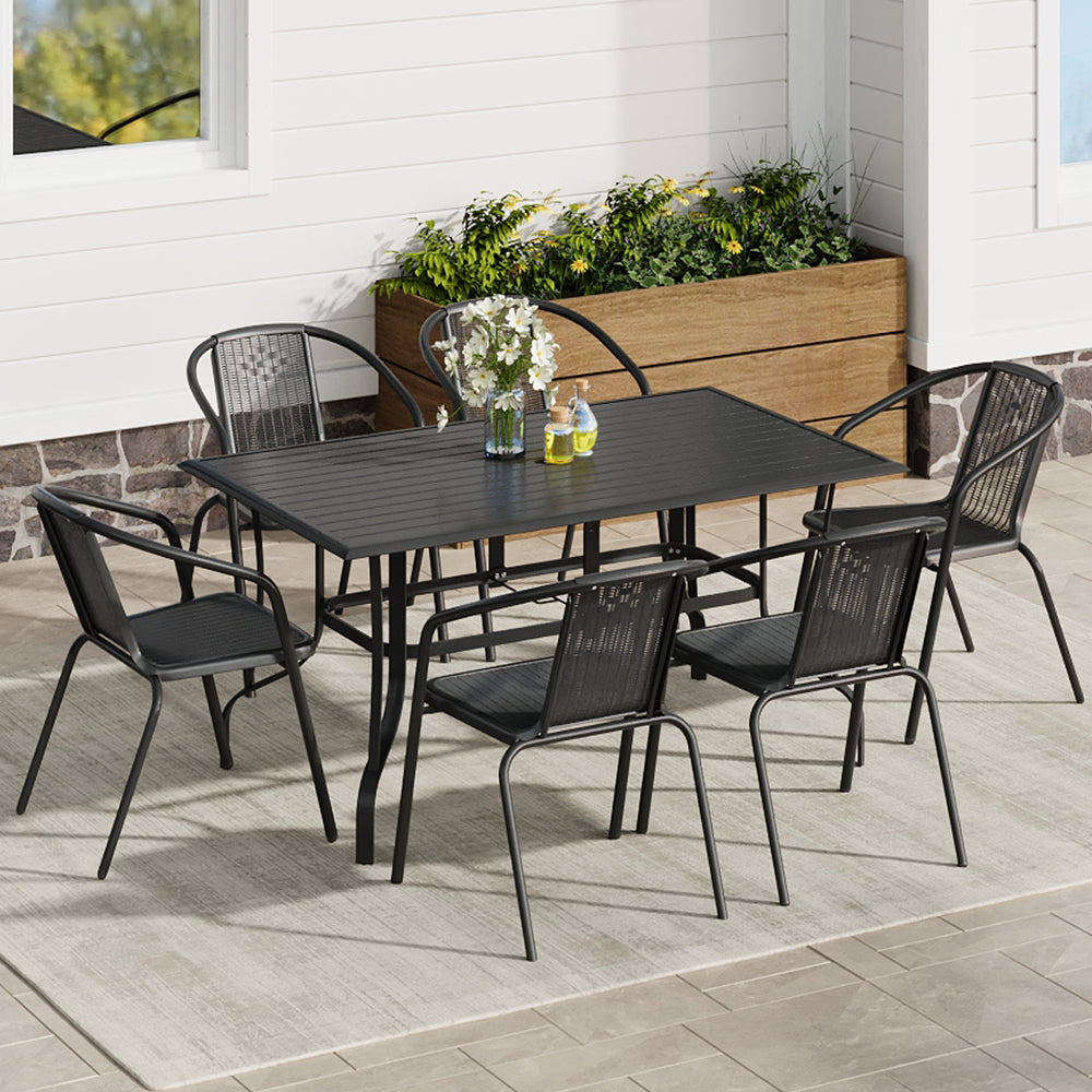 Spacious Outdoor Setup with 150x90cm Slatted Metal Patio Table – Family Dining