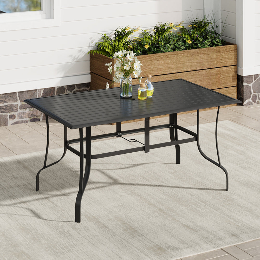 Large Patio Table – 150x90cm Black Metal Slatted Outdoor Dining Table for 6