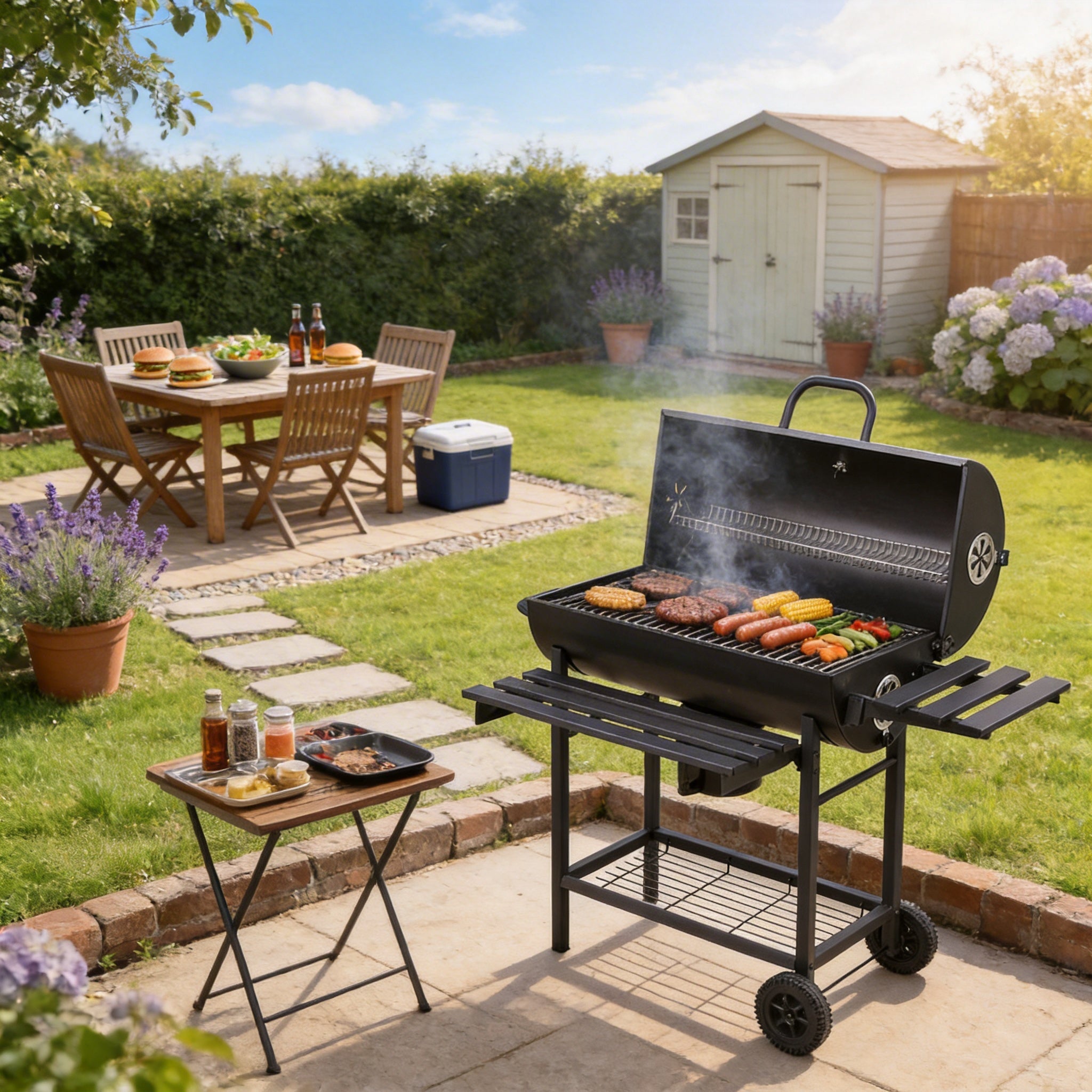 Portable Barrel Charcoal BBQ Grill with Thermometer and Dual Panels