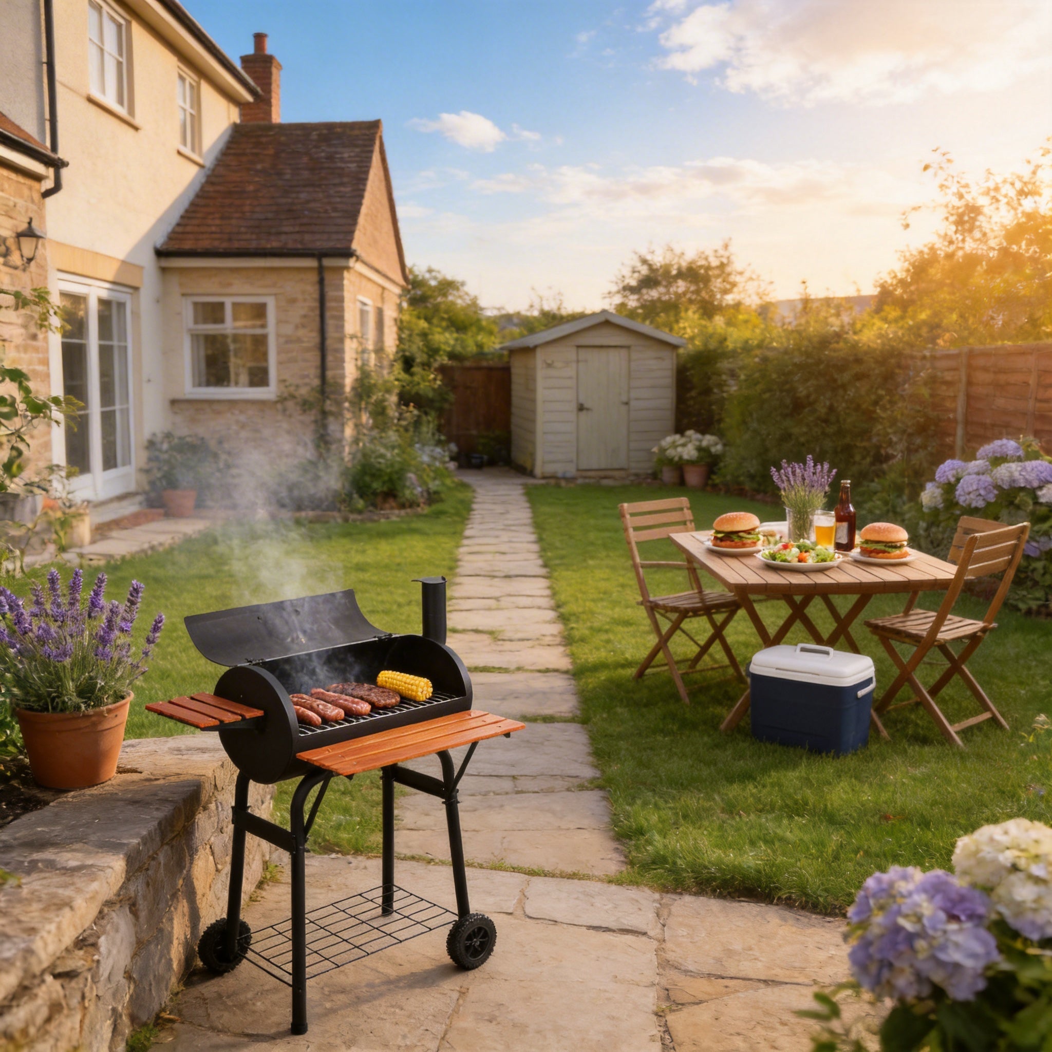 Black Outdoor Garden Portable Barrel Charcoal BBQ Grill Smoker with Side Shelves