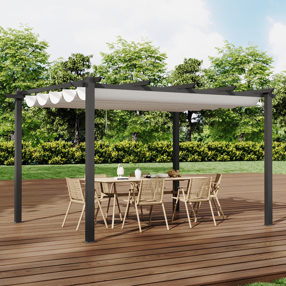 10x10ft Beige Aluminium Pergola with Retractable Roof for Garden or Patio