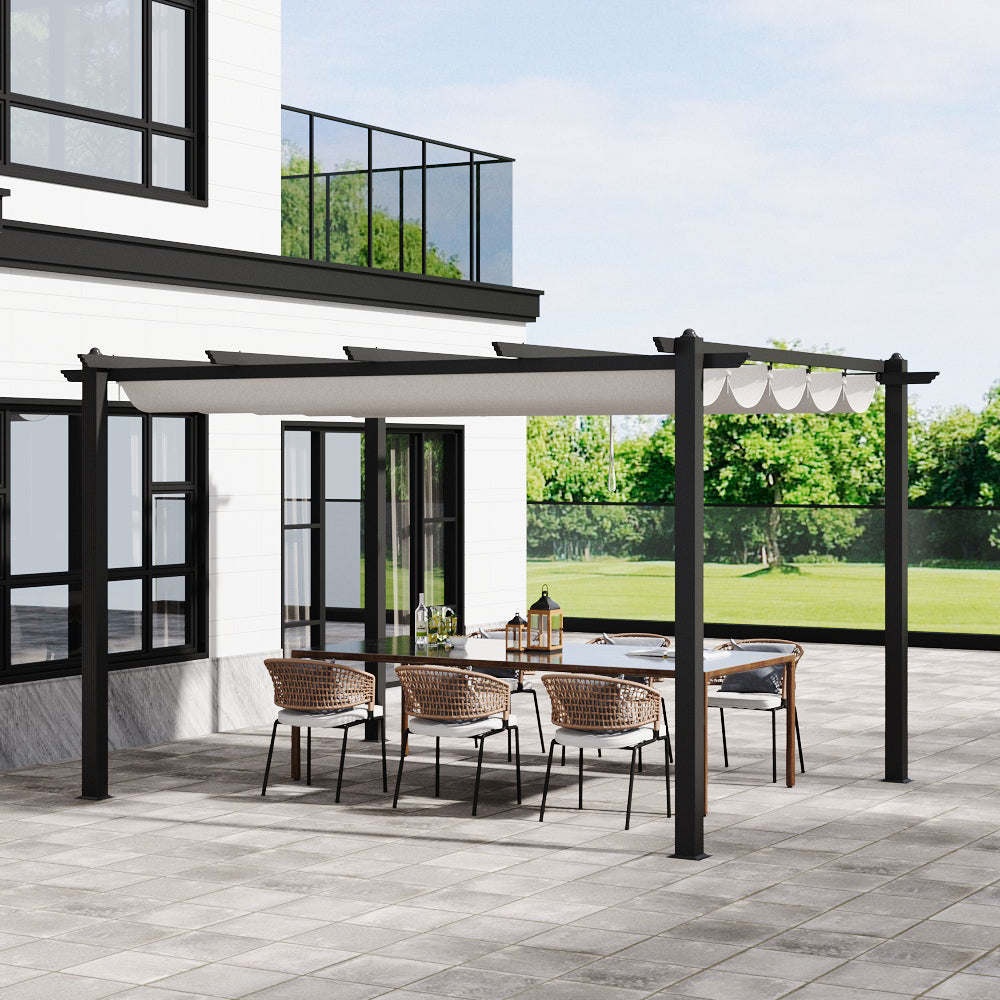 13x10ft Beige Aluminium Pergola with Retractable Roof – Large Outdoor Shade for Garden or Deck