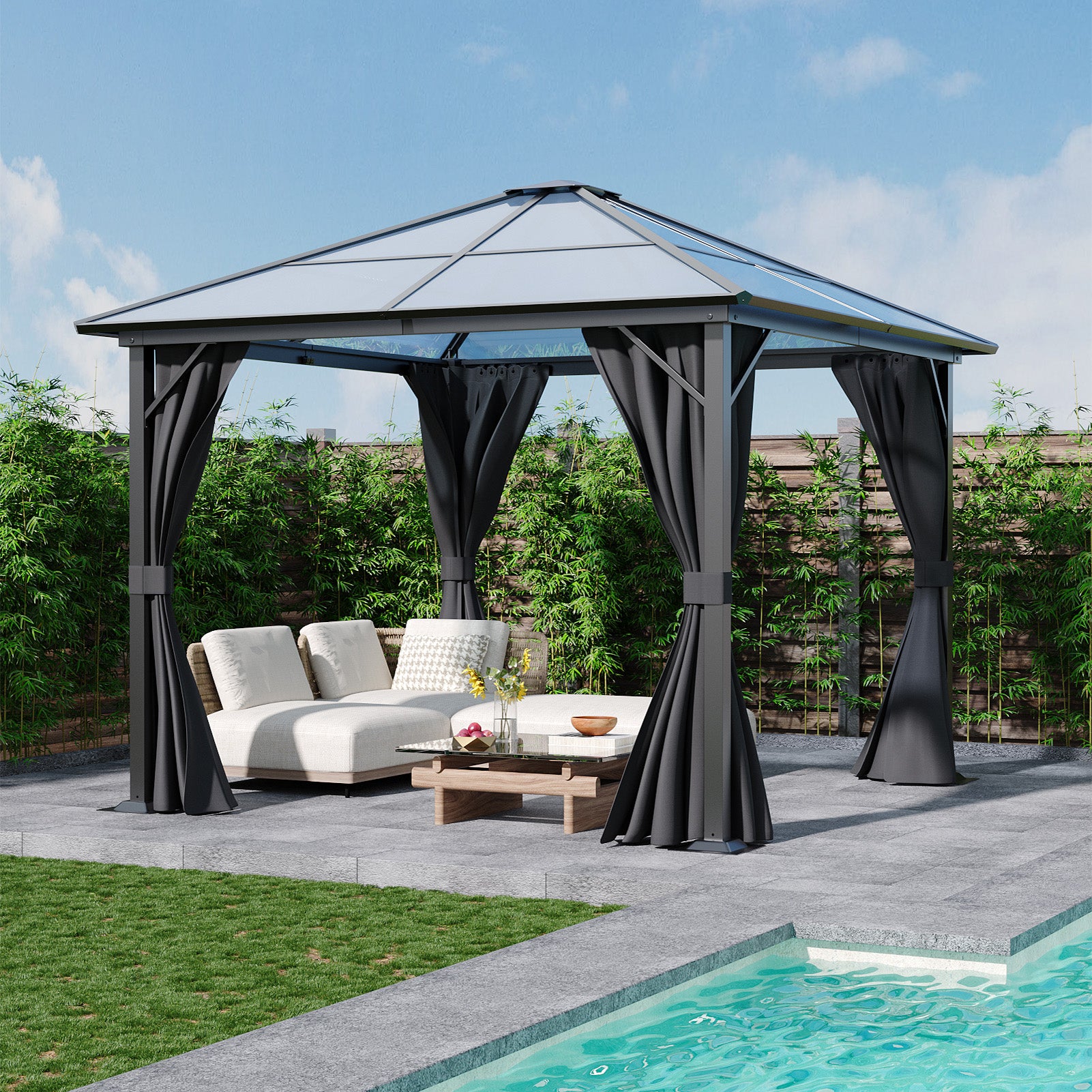 3m Metal Gazebo With UV Resistant PC Roof And Privacy Curtains