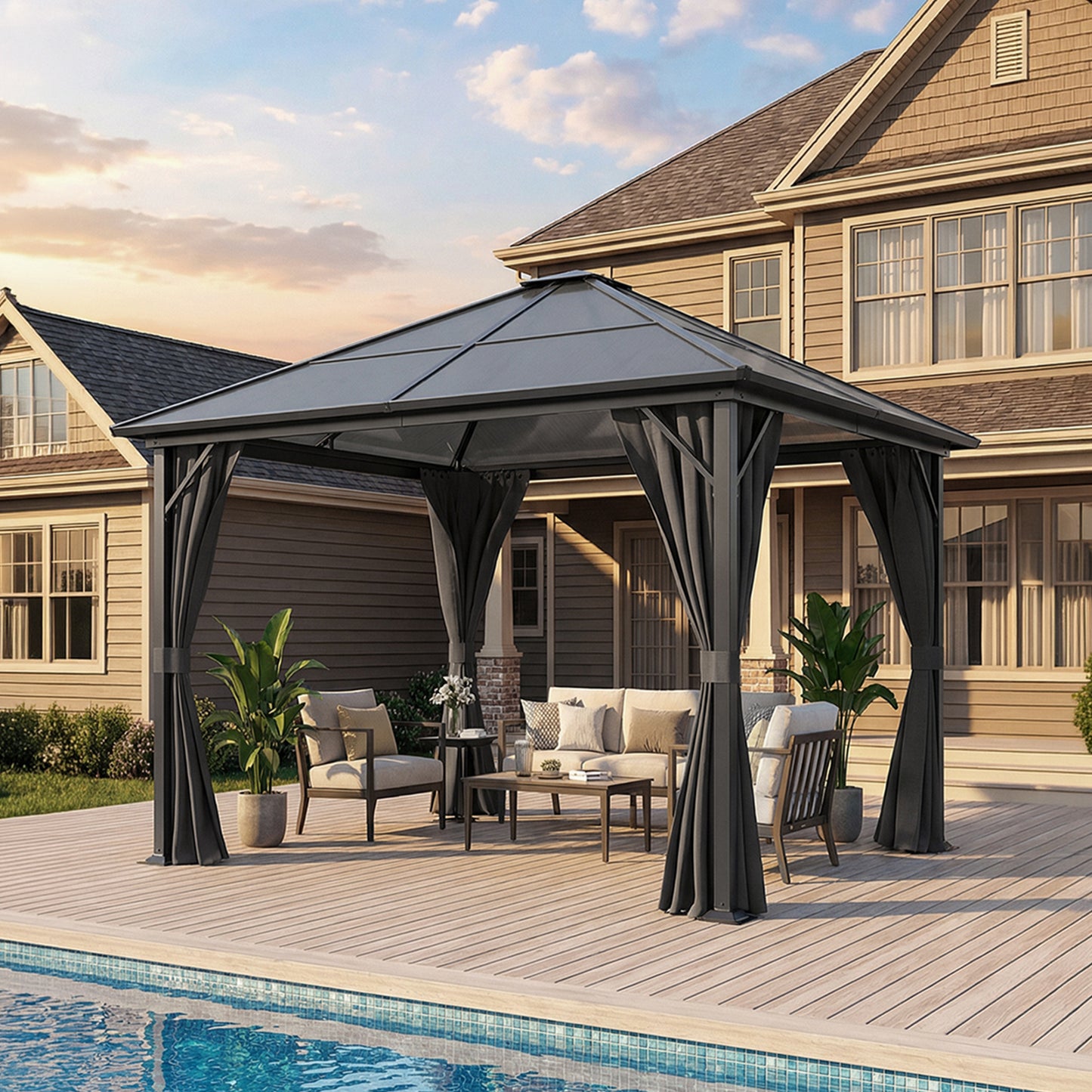 3m Metal Gazebo With UV Resistant PC Roof And Privacy Curtains