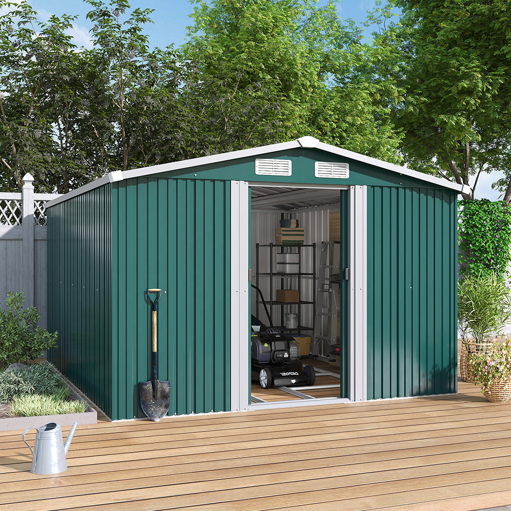 10x8ft green metal garden shed with gable roof and double doors in backyard