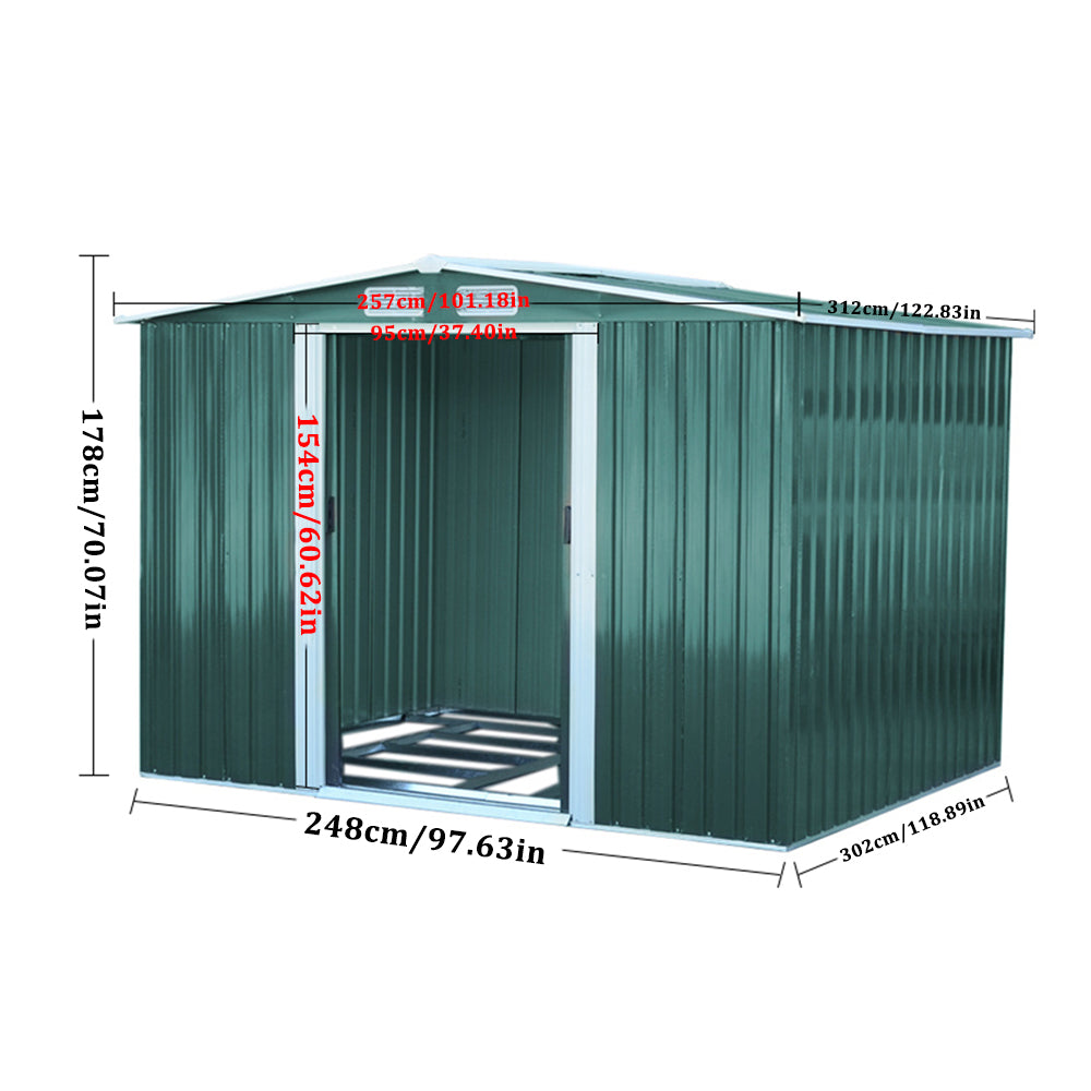 Dimensions of 10x8ft green metal garden shed with labeled measurements
