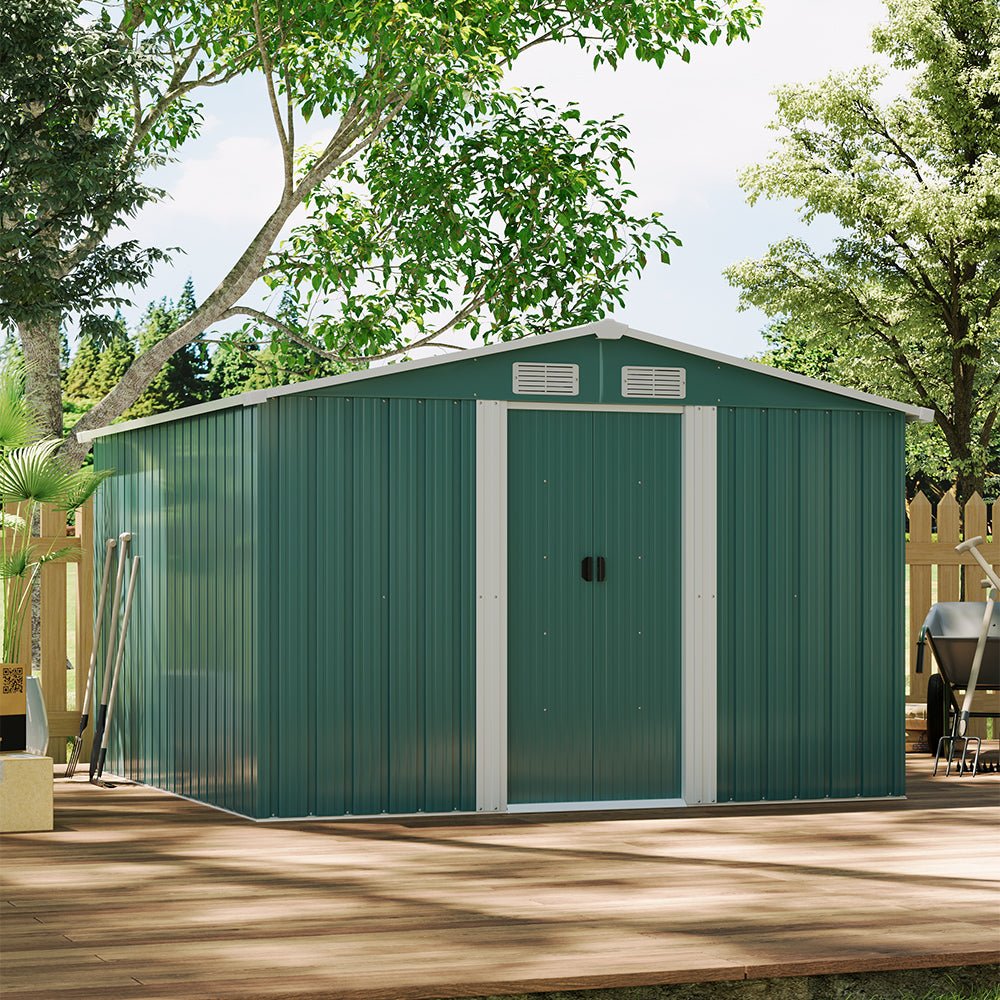 8x8ft Green Metal Storage Shed – Stylish Gable Roof Design in Outdoor Setting