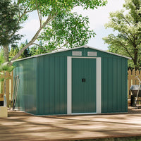 8x8ft Green Metal Storage Shed – Stylish Gable Roof Design in Outdoor Setting