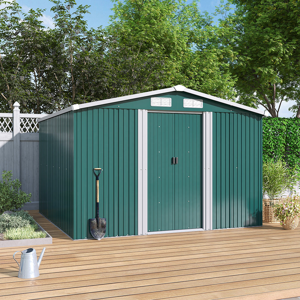 Closed Green 8x8ft Garden Shed in Patio – Neat Backyard Steel Storage Unit
